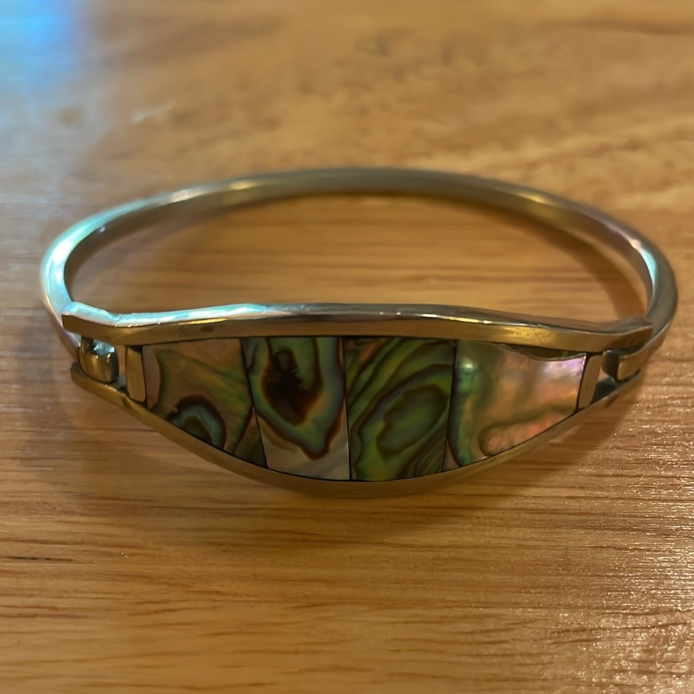 Vintage Alpaca Silver and Abalone Shell Hinged Bracelet